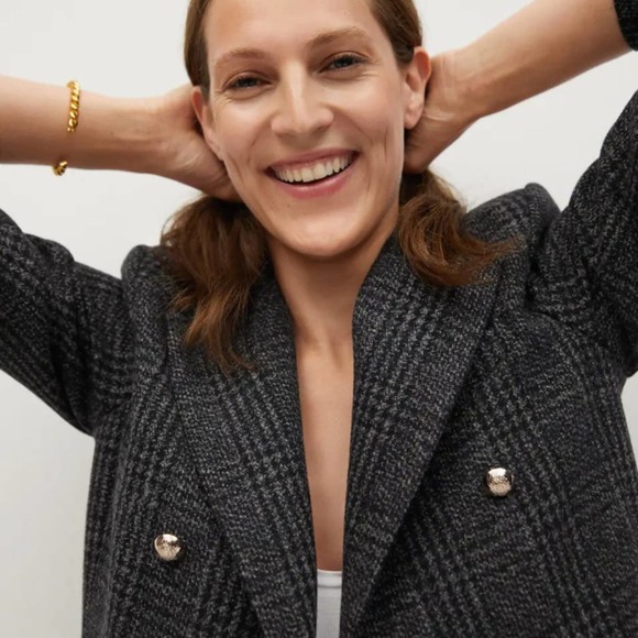 MNG Mango Plaid Wool Blend Coat Size XS Black Gray Double Breasted Lined - Picture 3 of 7